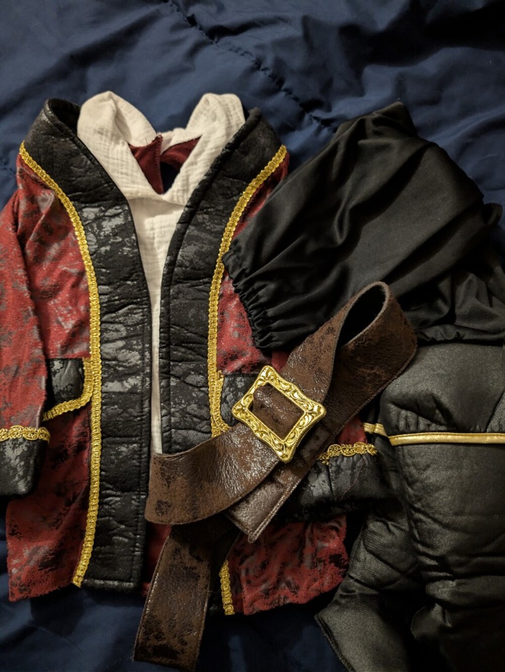 Red and Black Pirate Jacket with Gold Trim and Brown Buckle Belt